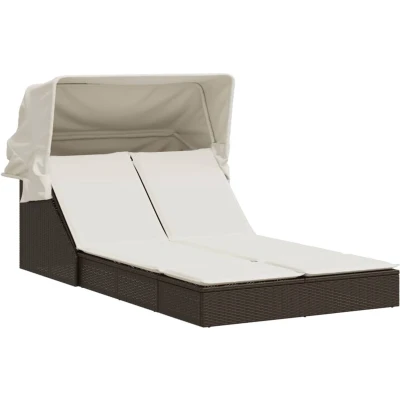 Afbeelding van Ligbed 2 persoons met luifel en kussens poly rattan bruin