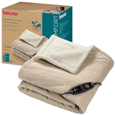 Afbeelding van Beurer HD 80 Corduroy beige elektrische deken, behaaglijke warmtedeken met 6 temperatuurniveaus, gerecyclede materialen, automatische uitschakeling en veiligheidssysteem, knuffeldeken van trendy,