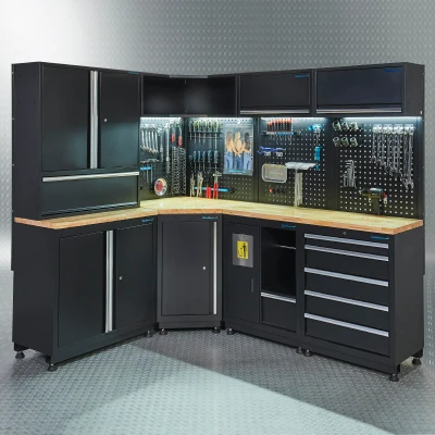 Afbeelding van Datona Werkplaatsinrichting PREMIUM Met Eiken Werkblad 410 Cm Breed (Afmetingen linkerhelft: 173 x 47 200 cm, Afmetingen rechterhelft: 218