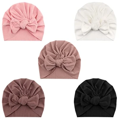 Afbeelding van DRESHOW 5 Stuks Baby Tulband Hoeden Bun Knot Infant Beanie Meisje Zacht Schattig Toddler Cap