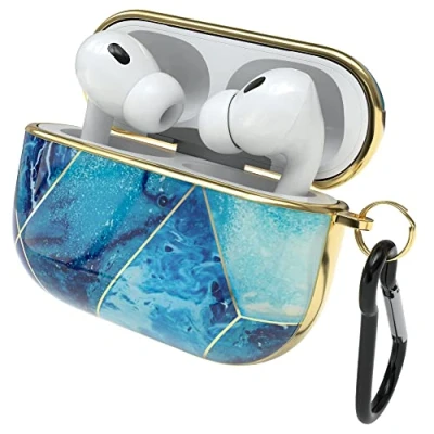 Afbeelding van EAZY case Beschermhoes voor AirPods Pro 2 hoes blauw hard stootvast met karabijnhaak geschikt als sleutelhanger antikras etui antislip hardcase Airpod 2e generatie in lichtblauw marmer