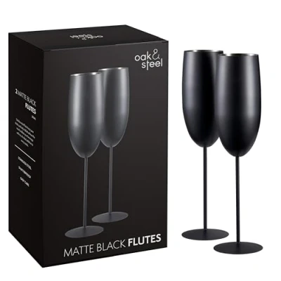 Afbeelding van Oak &amp; Steel 2 zwarte matte champagnefluiten, 280ml roestvrij staal prosecco glazen met geschenkdoos