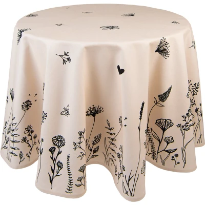 Afbeelding van Clayre &amp; Eef Rond Tafelkleed Ø 170 cm Beige Zwart Katoen Bloemen Tafellaken Tafellinnen Tafeltextiel