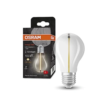 Afbeelding van OSRAM Vintage 1906® standard filament LED pære, E27, klassisk pæreform, klar, 1,8W, 100lm, 2700K, varmt hvidt lys, meget lavt energiforbrug, lang levetid, magnetisk glødetråd
