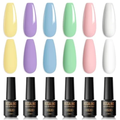 Afbeelding van ROSALIND UV nagellak Pastel, 6 kleuren Mini schellak Macaroon roze paars groen blauw wit geel Soak Off LED Gel Polish Set voor lente zomer