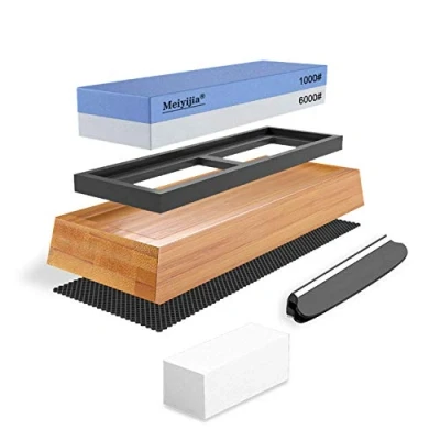 Afbeelding van MEIJMJIA Slijpsteen, 2 in 1 wetsteen messenslijper met antislip siliconen houder, meshouder voor messen, schaafsteen, bamboebasis (korrelgrootte 1000/6000)