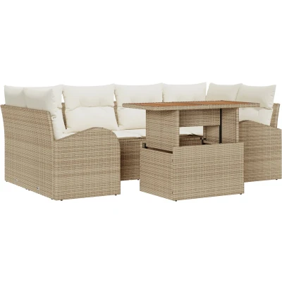 Afbeelding van vidaXL 7 Delige Tuin Eettafel Set met Kussens Beige Poly Rattan Acacia