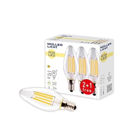 Afbeelding van Müller Licht Set van 3 retro LED kaarsvorm vervangt 40 W, glas, E14, 4 helder, 3,5 x 10 cm, eenheden, 400291_Set