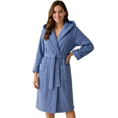 Afbeelding van Morgenstern Badjas Dames Katoen Badstof Capuchon Sauna Spa Thuis L Jeans Blauw