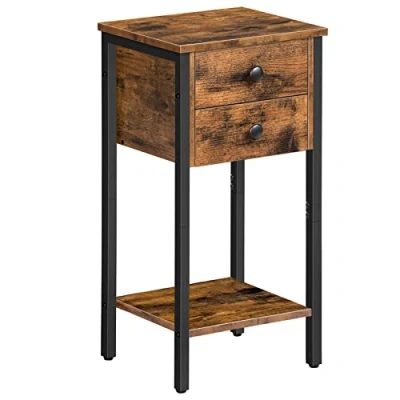 Afbeelding van HOOBRO Bijzettafel, telefoontafel, nachtkastje met 2 laden, hoge banktafel, woonkamertafel legplanken, metalen frame, robuust en stabiel, donkerbruin EBF72BZ01