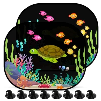 Afbeelding van Autozonwering voor kinderen, 2 stuks, 44 x 35 cm, universele autozonwering, zelfklevend met 8 zuignappen, schildpad, zonwering, 99% tegen uv stralen