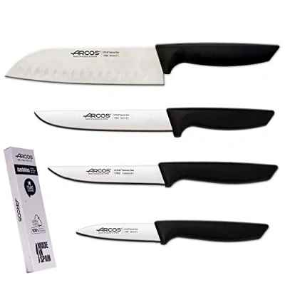 Afbeelding van Arcos Professionele keukenmessenset, professioneel keukenmes, roestvrij stalen mes met zwarte handgreep, keukengerei, Japans Santoku mes, vaatwasser (4 delig)