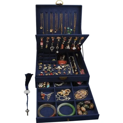 Afbeelding van sieradenkistje voor dames, 3 lagen, grote sieradenorganizer, opbergdoos oorbellen, halskettingen, ringen, armbanden, sieradenhouder, afsluitbaar, (zwart)