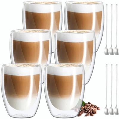 Afbeelding van MULEVIP Latte Macchiato glazen, dubbelwandig (6 x 350 ml), dubbelwandige koffieglazen, thermoglazen, voor cappuccino, latte, ijs, melk, sap met lepel