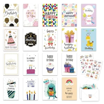 Afbeelding van Huifengjie Verjaardagskaarten, 18 premium verjaardagskaarten set met envelop, Happy Birthday kaart, verjaardag, vouwkaarten, wenskaart, verjaardagskaart vrouw, man (A)