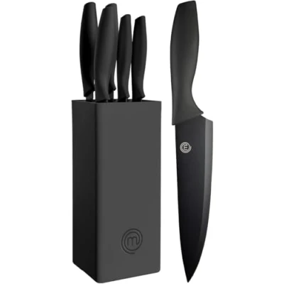 Afbeelding van MasterChef Messenblok met Messenset (5 delige) Santoku Mes, Broodmes, Koksmes, Schilmesje, Vleesmes en Universeelmes, Roestvrij Staal, Scherp, Zwart, Volle Greep, SoftGrip Handgrepen