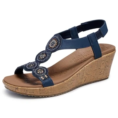 Afbeelding van Skechers Dames Beverlee Date Glam Wedge Sandaal, ONS, marineblauw, 41 EU