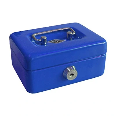 Afbeelding van Wedo 144003 kindergeldcassette spaarpot (met inworpgleuf, 5 vakken muntinzet, veiligheidsslot van plaatstaal, 2 sleutels) blauw