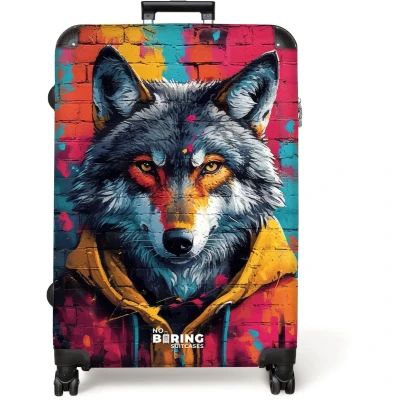 Afbeelding van NoBoringSuitcases.com® Koffer groot Reiskoffer lichtgewicht Kleurrijke vos met jas in graffiti stijl Rolkoffer 4 wielen Grote trolley XL 98 liter bagage