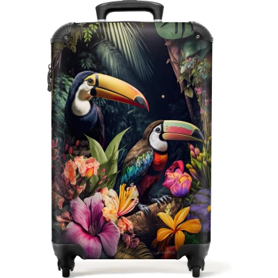 Afbeelding van NoBoringSuitcases.com koffer Reiskoffer Toekan Bloemen Regenboog Jungle Planten Trolley op wieltjes TSA slot Kofferslot Fotokoffer Past binnen 55x40x20 cm en 55x35x25 Handbagage Hardcase Lichtgewicht