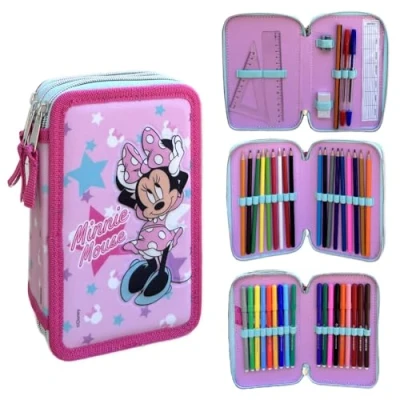 Afbeelding van CARTOON etui met meerdere vakken, 3 ritssluitingen, voor school, 44 stuks, pennen, kleurpotloden, viltstiften Giotto, Minnie.,