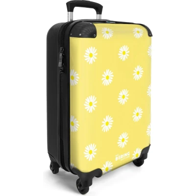 Afbeelding van NoBoringSuitcases.com® Handbagage koffer lichtgewicht Reiskoffer trolley Pastel geel met madeliefjes Rolkoffer wieltjes Past binnen 55x40x20 en 55x35x25