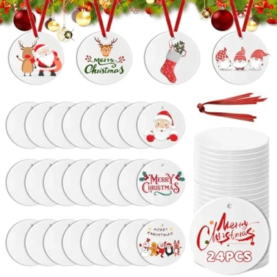 Afbeelding van 24 stuks sublimatie blanco&#039;s, kerstdecoraties ornament blanks, keramische blanco ornamenten voor kerstboom, 7,5 cm witte kerstboomornamenten decoratie doe het zelf ambachten