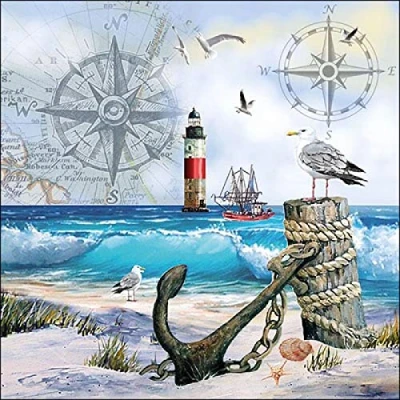 Afbeelding van 20 servetten Momenten aan zee Anker Zeemeeuw Strand Maritiem 33x33cm
