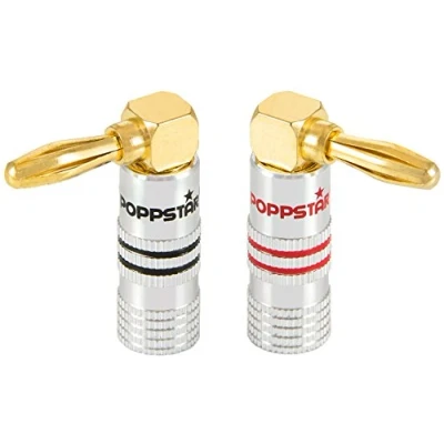 Afbeelding van Poppstar 2x High End Bananenstekker Hoekig, voor Luidsprekerkabel (tot 6 mm²), Speakers, Luidspreker, AV Receiver, 24k Vergulde Contacten (1x zwart, 1x rood)