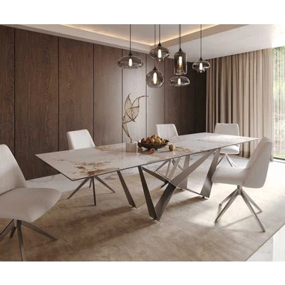 Afbeelding van DELIFE Eetkamertafel Edge 300x100 keramiek Minas Melange wit beige spider vlak staal RVS