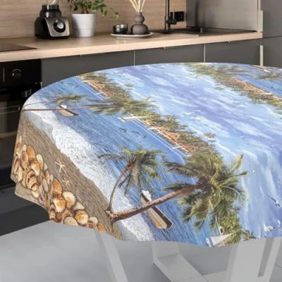 Afbeelding van Wasdoek tafelkleed, afwasbaar tafelzeil, tuintafelkleed, voor binnen en buiten, rond, 140 cm, snijrand, vakantie