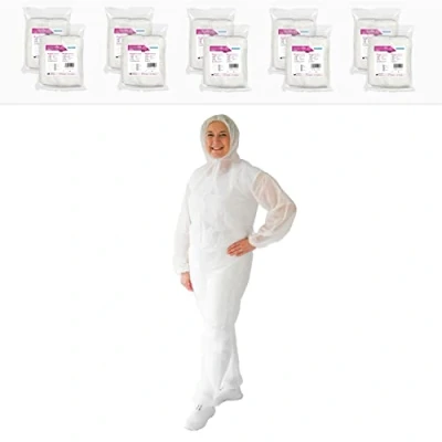 Afbeelding van ARNOMED PP wegwerp beschermpak wit, 10x full body pak maat XL (140x178 cm), verf &amp; lakpak met capuchon, witte werkoverall voor mannen en vrouwen, latexvrije beschermende kleding.