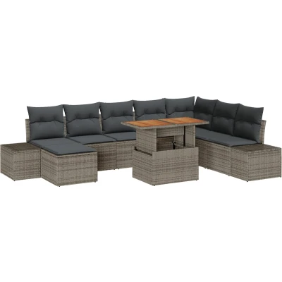 Afbeelding van vidaXL Tuinbank Set van 9 Grijs Riet, Polyester kussens Tuin Eetset