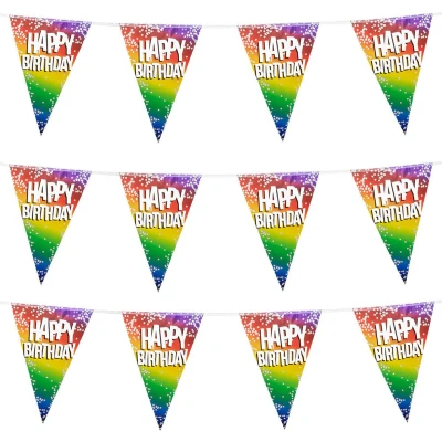 Afbeelding van 3x Stuks Boland PE vlaggenlijn 6m Happy birthday Regenboog Vlaggenlijnen