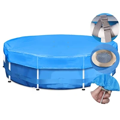 Afbeelding van Sekey Zwembadafdekking, rond, 457 cm, voor zwembaden met metalen frame, 420D scheurvast, Oxford zwembadzeil, zomer en winter, afdekzeil, wind stofwerend, eenvoudige installatie, blauw