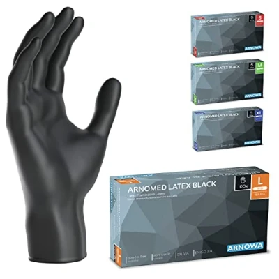 Afbeelding van ARNOMED Latex wegwerphandschoenen L, zwart, poedervrij, 100 stuks, handschoenen voor eenmalig gebruik, verkrijgbaar in maat XS, S, M, L &amp; XL