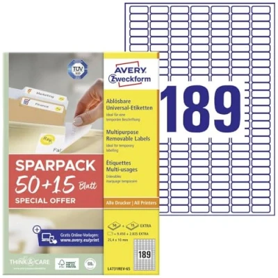Afbeelding van Avery Zweckform L4731REV 65 Universele etiketten 25.4 x 10 mm Papier Wit vellen Weer verwijderbaar Inkjet, Laser (zwart/wit), (kleur), Kopiëren