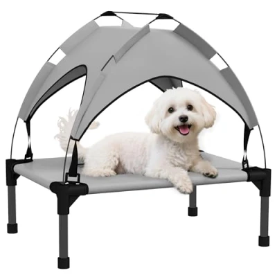 Afbeelding van PawHut Erhöhtes Hundebett mit Baldachin, Haustierbett, Outdoor Hundeliege Dach, Atmungsaktiv, für Mini und Kleinhunde Hellgrau Oxford 61 x 46 63 cm