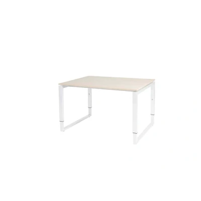 Afbeelding van Domino Plus bureau, hoogte instelbaar (62 85cm) met 120x90cm &#039;zwevend&#039; lindberg (licht) eiken 25mm blad en wit (RAL9010) O poot frame