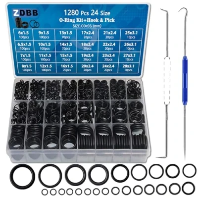 Afbeelding van TWCC 1280 Stks 24 Size Rubber O Ring Assortiment Kit met Pick en Haak Set voor Hogedrukreiniger Kraan Sanitair OD 6mm 28mm