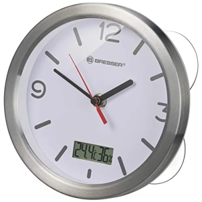 Afbeelding van Bresser Wandklok Mytime Thermo /Hygro draadloze badkamerklok met thermometer en hygrometer inclusief 4 sterke zuignappen om op te hangen of neer zetten, wit, 17 cm